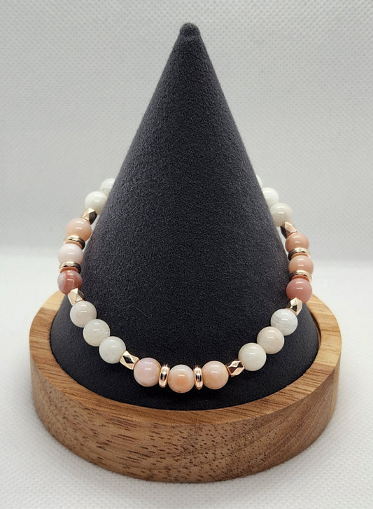 Pink opal and white moonstone with variety of rose gold (8")